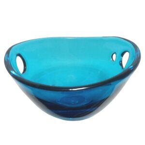 Mikasa 10" Wave Blue Hand Blown Glass Vase Bowl Lg *Heavy* Poland Decorative